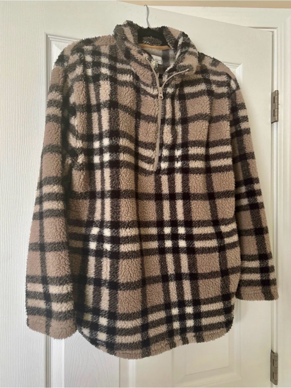 Koolaburra Plaid Sherpa Half-Zip Teddy Jacket - Beige/Black